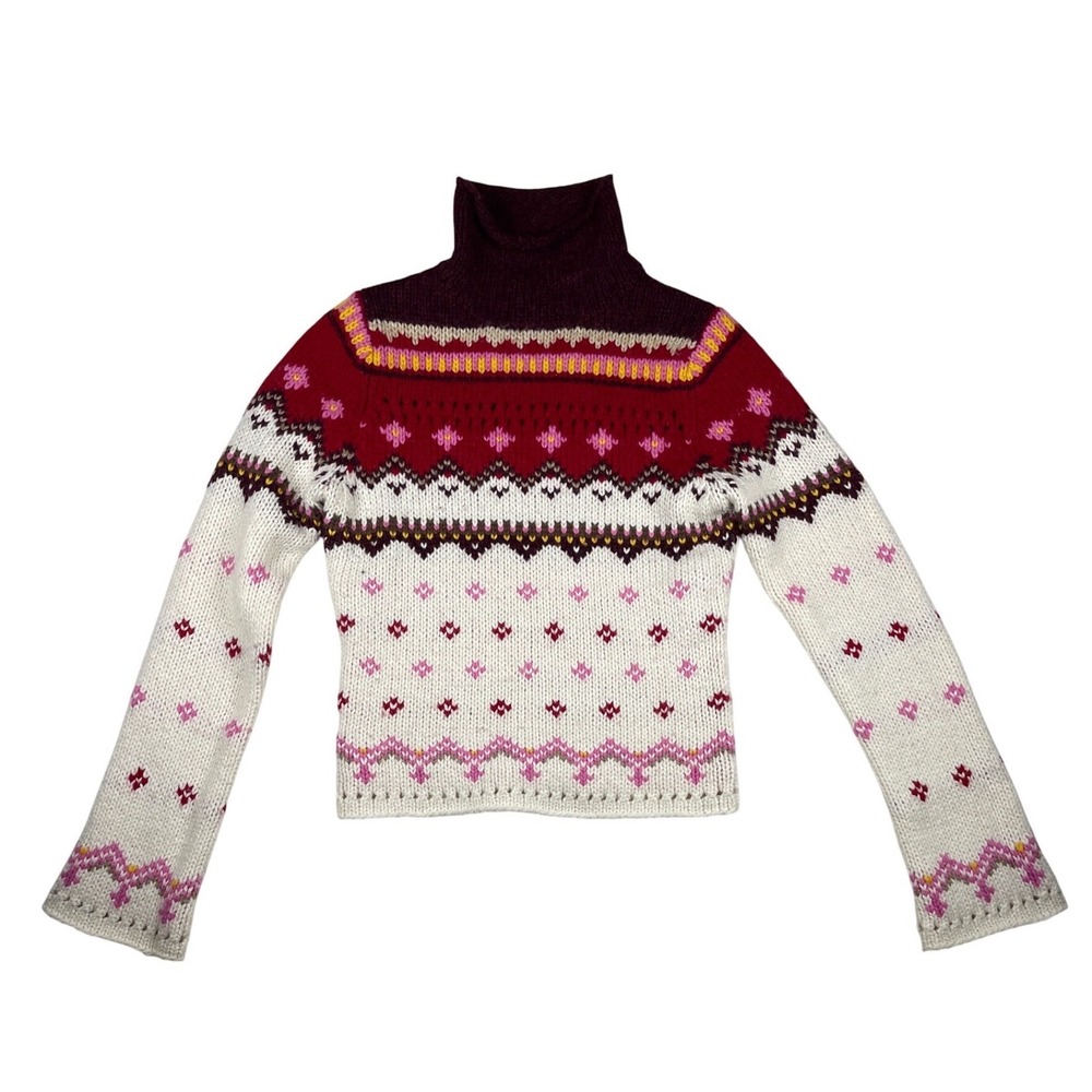VTG Abercrombie Fair Isle Sweater Medium Roll Neck Red Y2K Lambswool Blend Ski